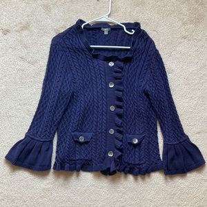 J.Jill womens cardigan sweater, sz large, navyblue, ruffles w/grey large buttons